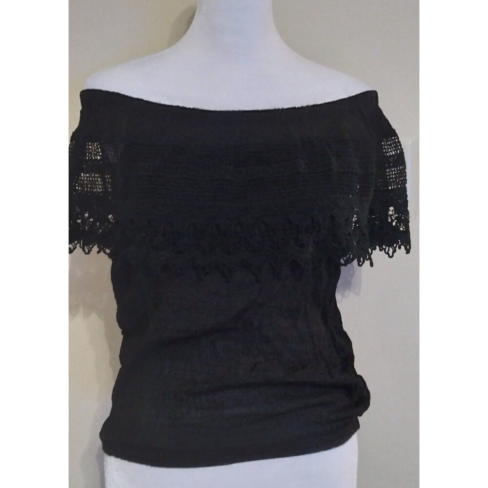 Tobi Black Off The Shoulder Top With Crochet Lace Overlay Women's Size XS
